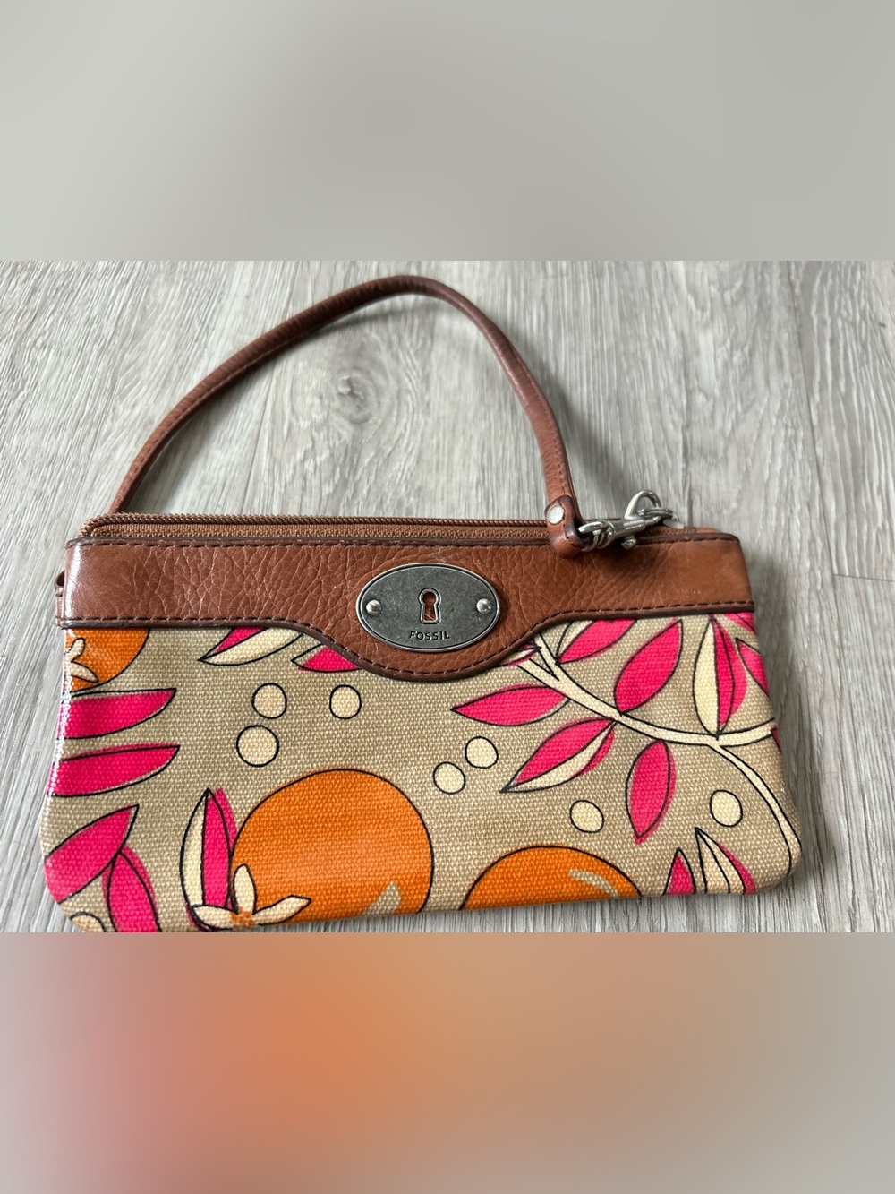 Fossil Key-Per Coated Canvas Orange Fruit Floral Wristlet Wallet Clutch Pouch